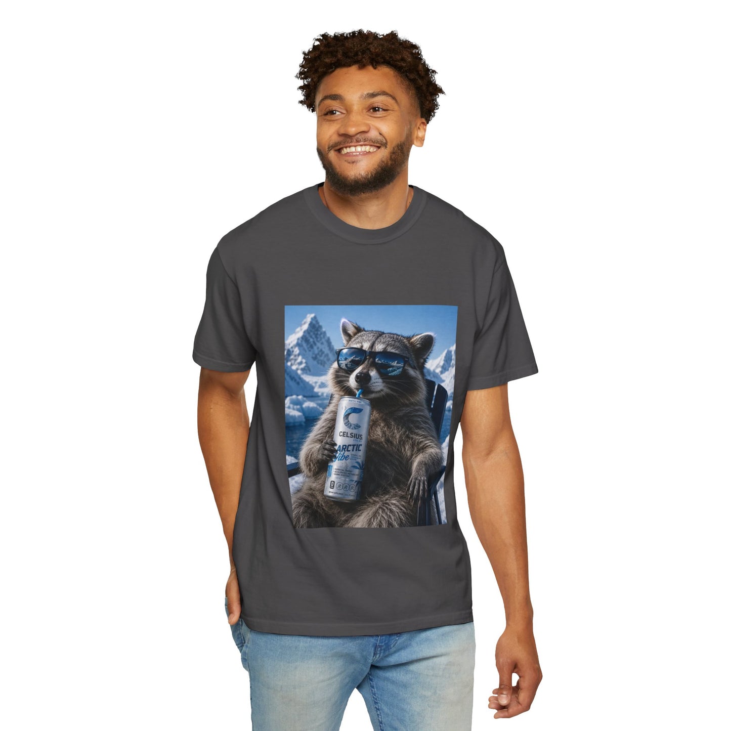 Raccoon Chill Tee — Mountain Lounge Graphic T-Shirt (Holds Celsius Engery Drink)
