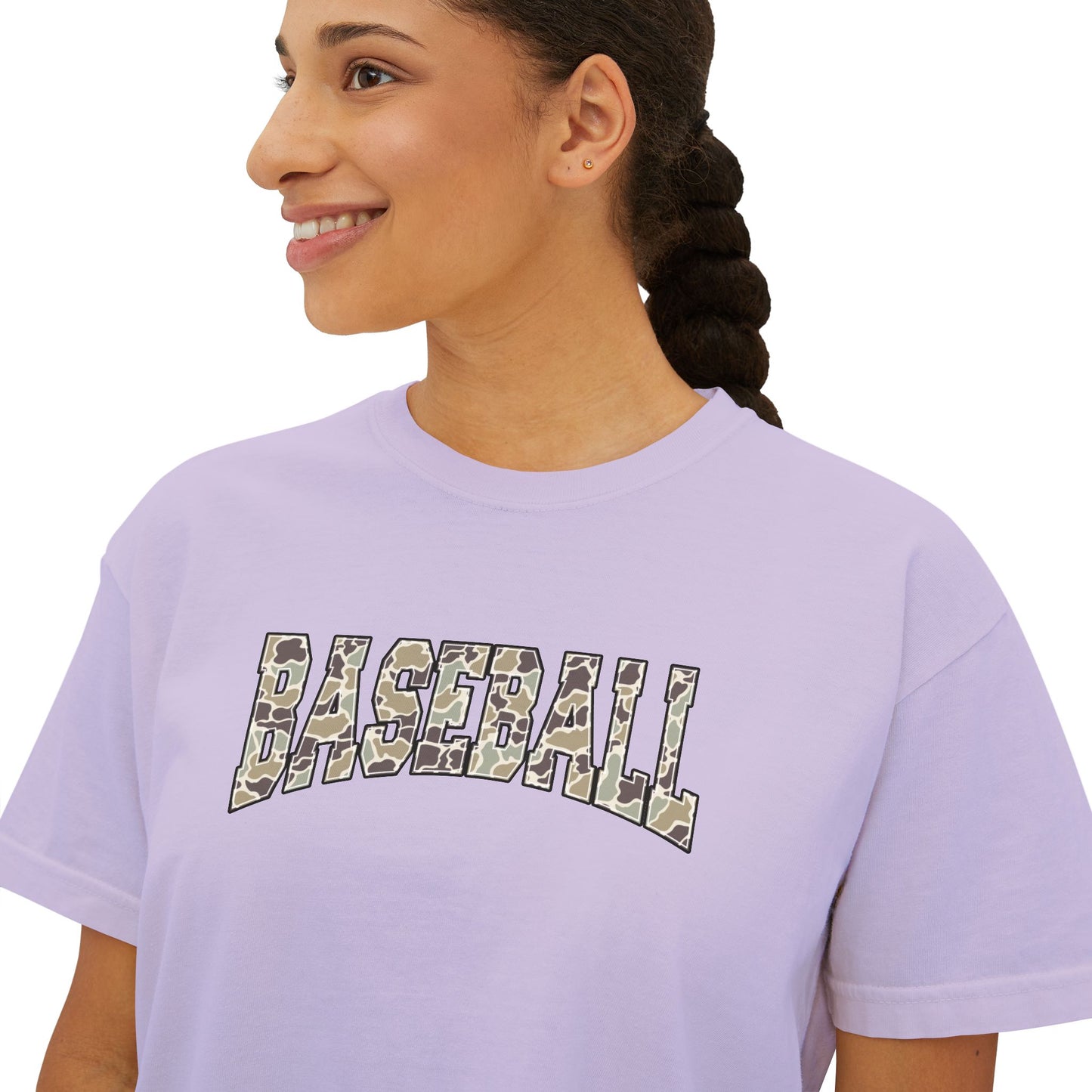 Baseball Camo Boxy Tee — Women's Cropped Casual Shirt