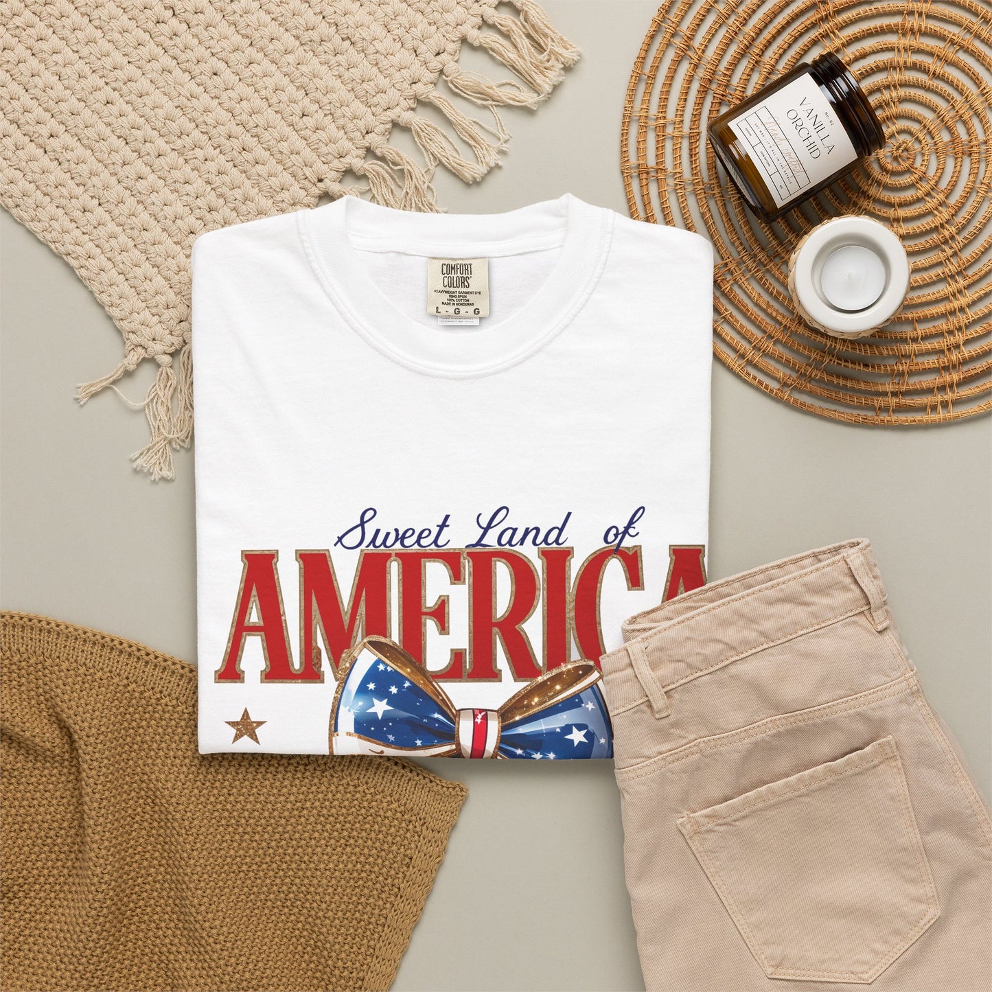 America Cherry Patriotic T-Shirt — "Sweet Land of America" Vintage Bow Design