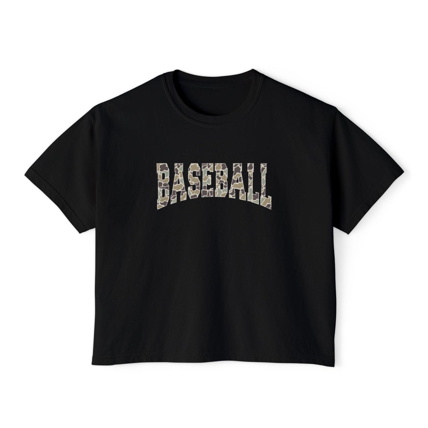 Baseball Camo Boxy Tee — Women's Cropped Casual Shirt