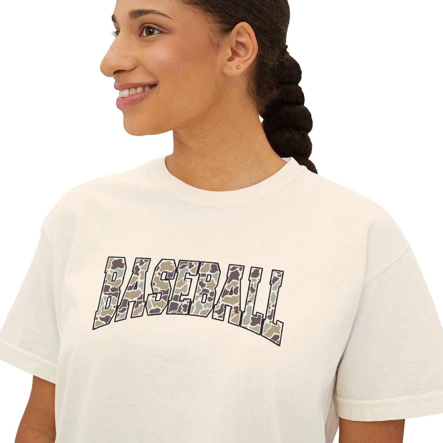 Baseball Camo Boxy Tee — Women's Cropped Casual Shirt