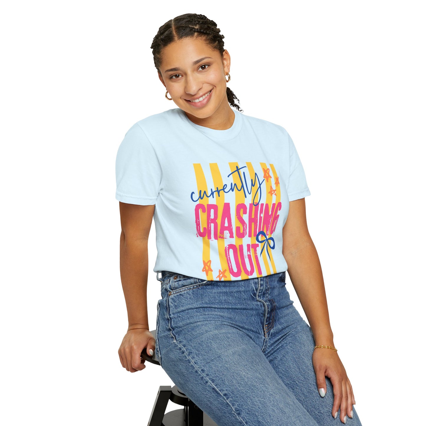 Crashing Out Graphic T‑Shirt — "Currently Crashing Out" Colorful Stripes & Bow Tee