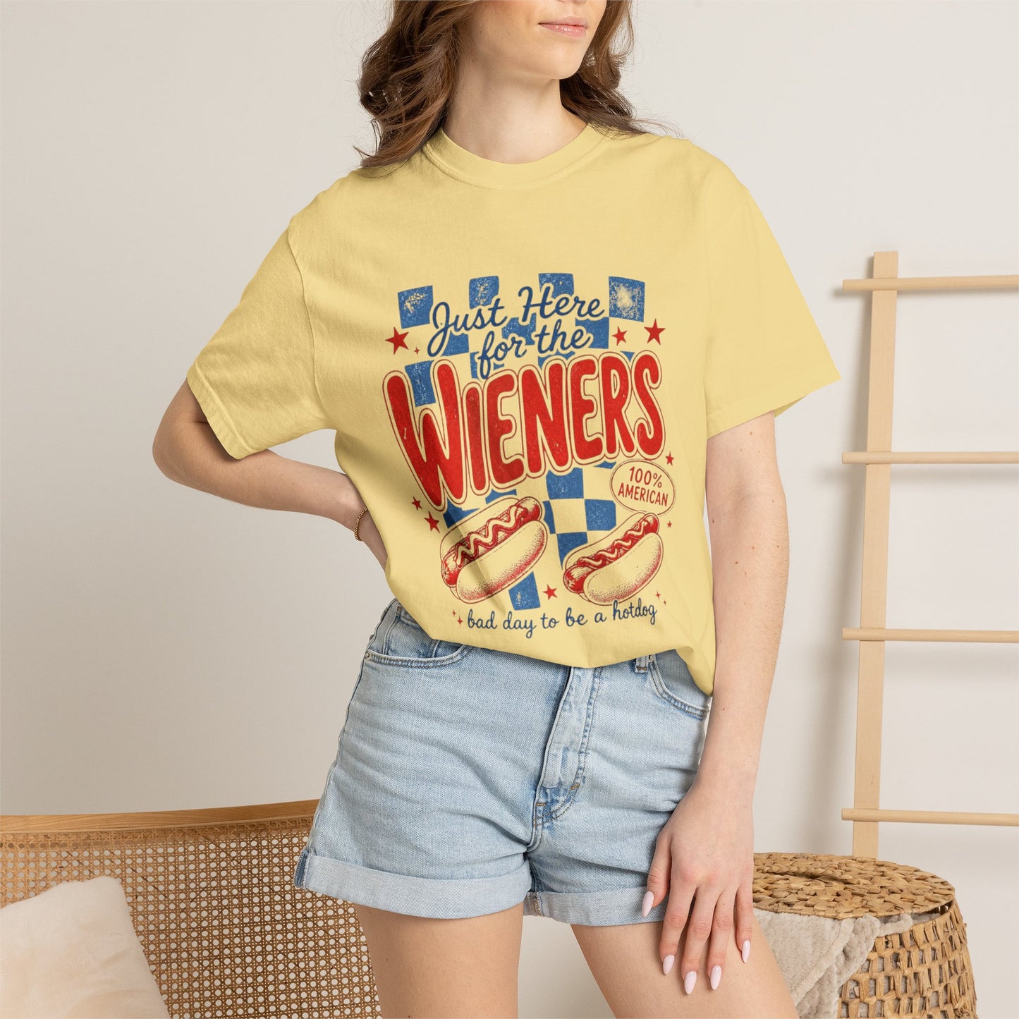 Just Here for the Wieners T-Shirt — Patriotic Hot Dog BBQ Tee