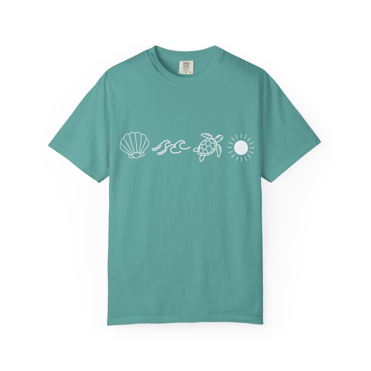 Sea Life Icons T-Shirt — Shell, Waves, Turtle & Sun Graphic Tee