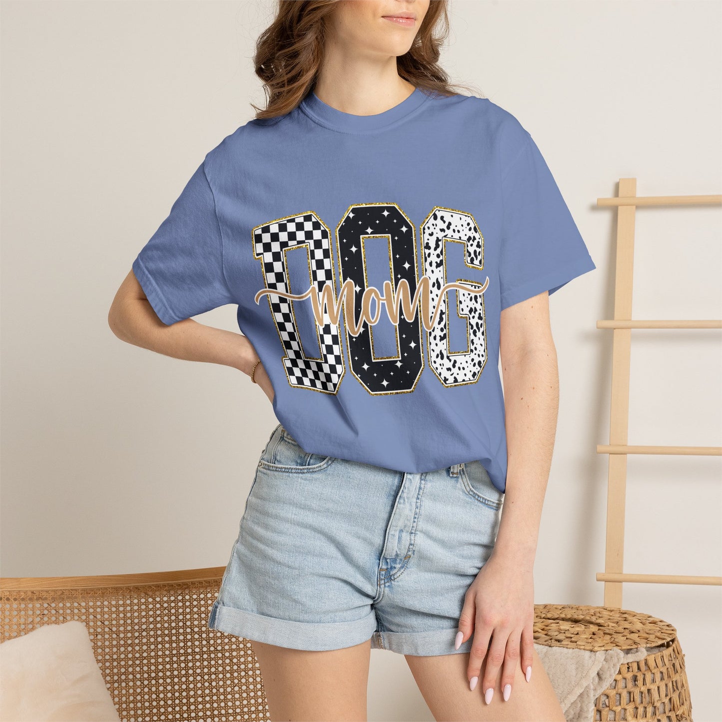 Dog Mom T‑Shirt — Checkerboard & Leopard Lettering Graphic Tee