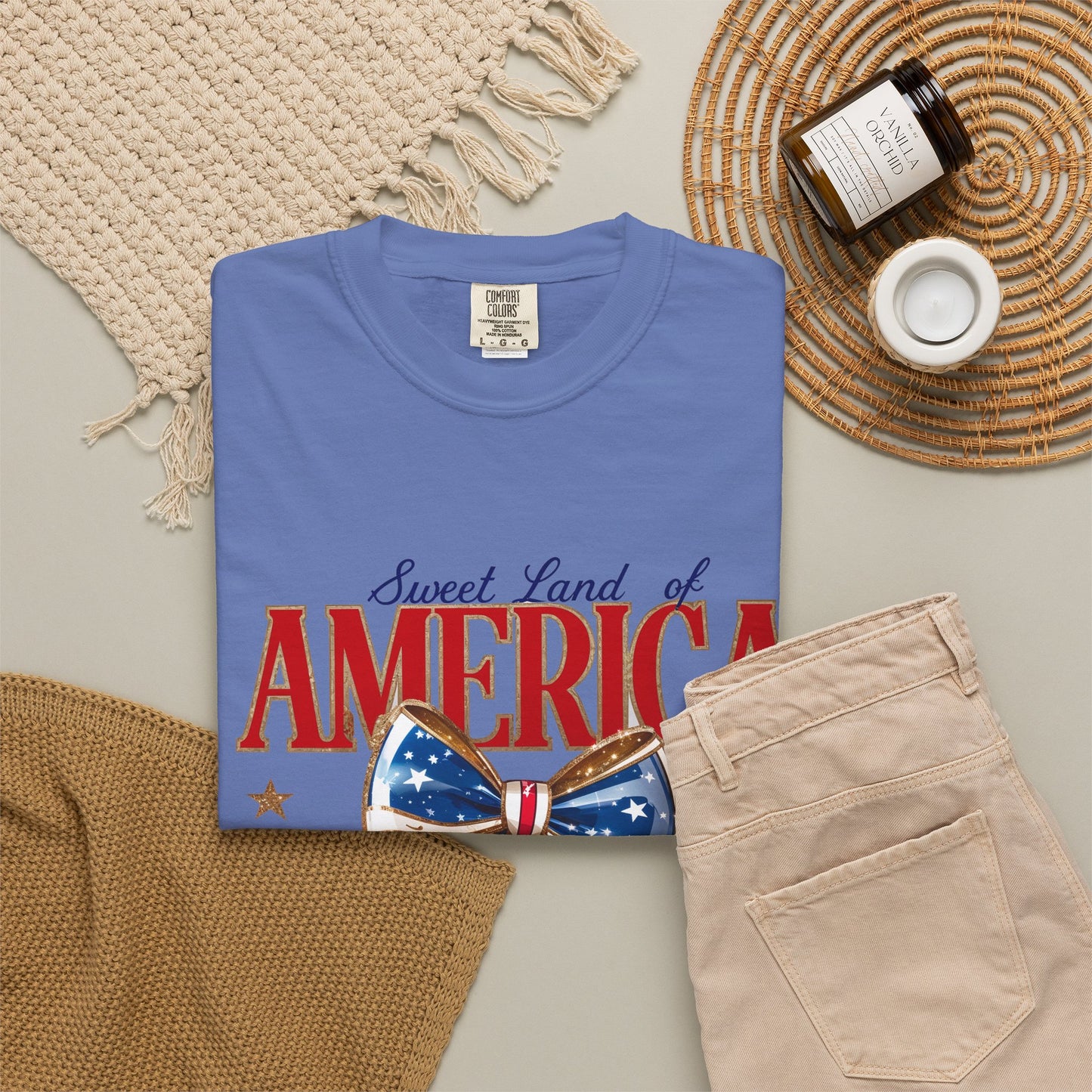 America Cherry Patriotic T-Shirt — "Sweet Land of America" Vintage Bow Design