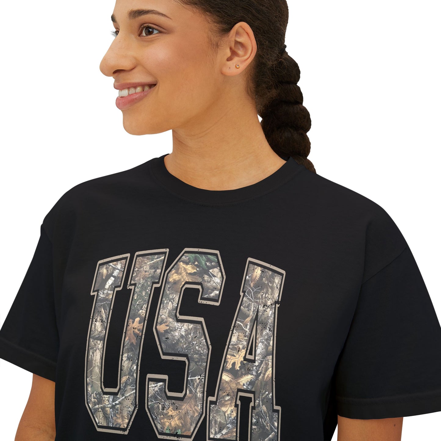 USA Camo Boxy Tee — Women's Patriotic Crop T-Shirt