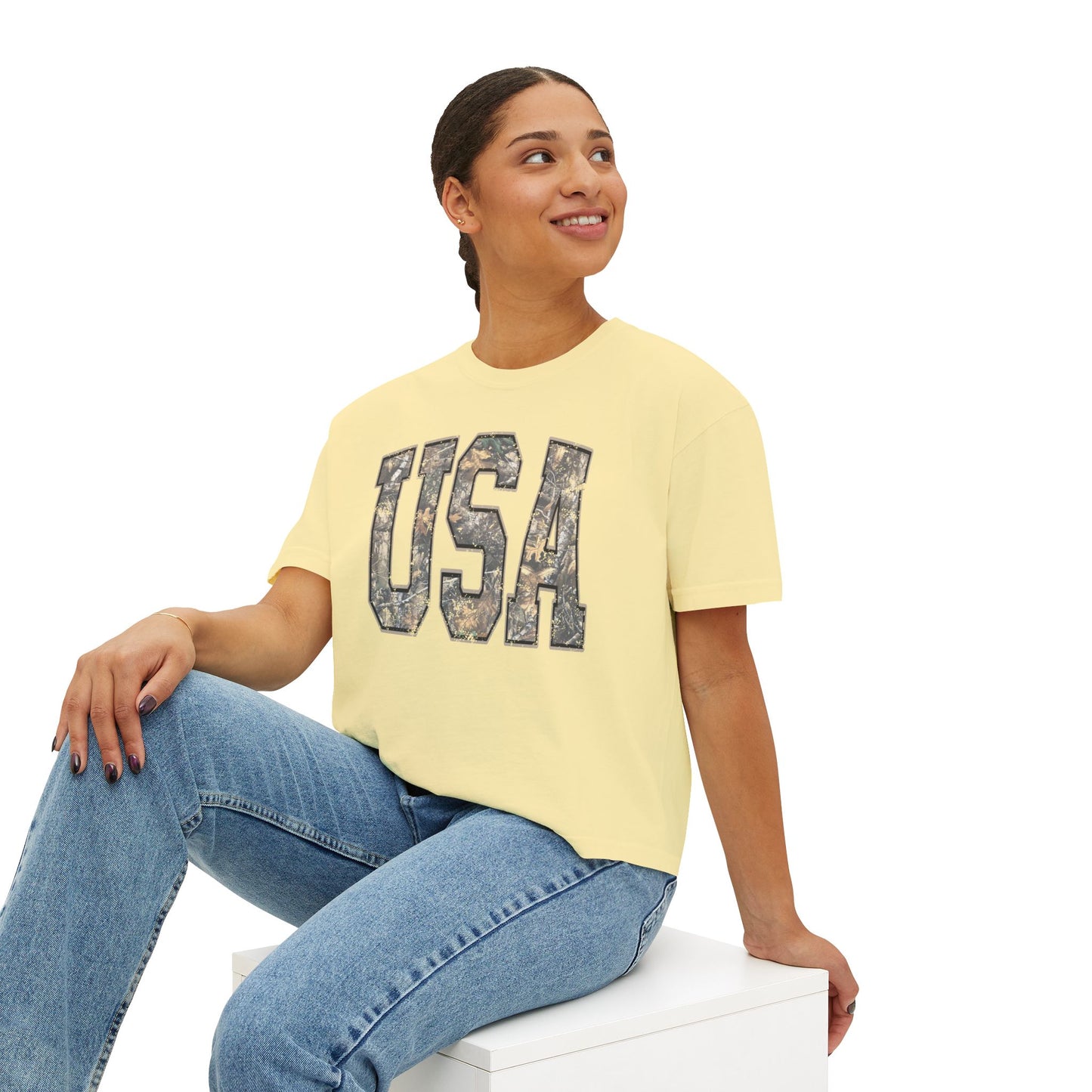 USA Camo Boxy Tee — Women's Patriotic Crop T-Shirt