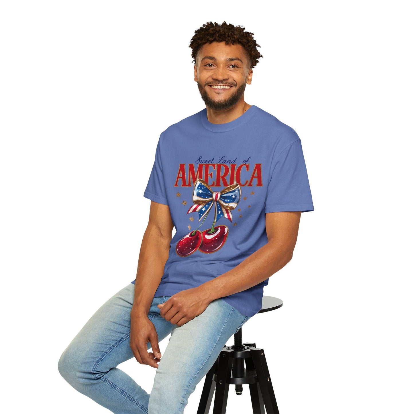 America Cherry Patriotic T-Shirt — "Sweet Land of America" Vintage Bow Design