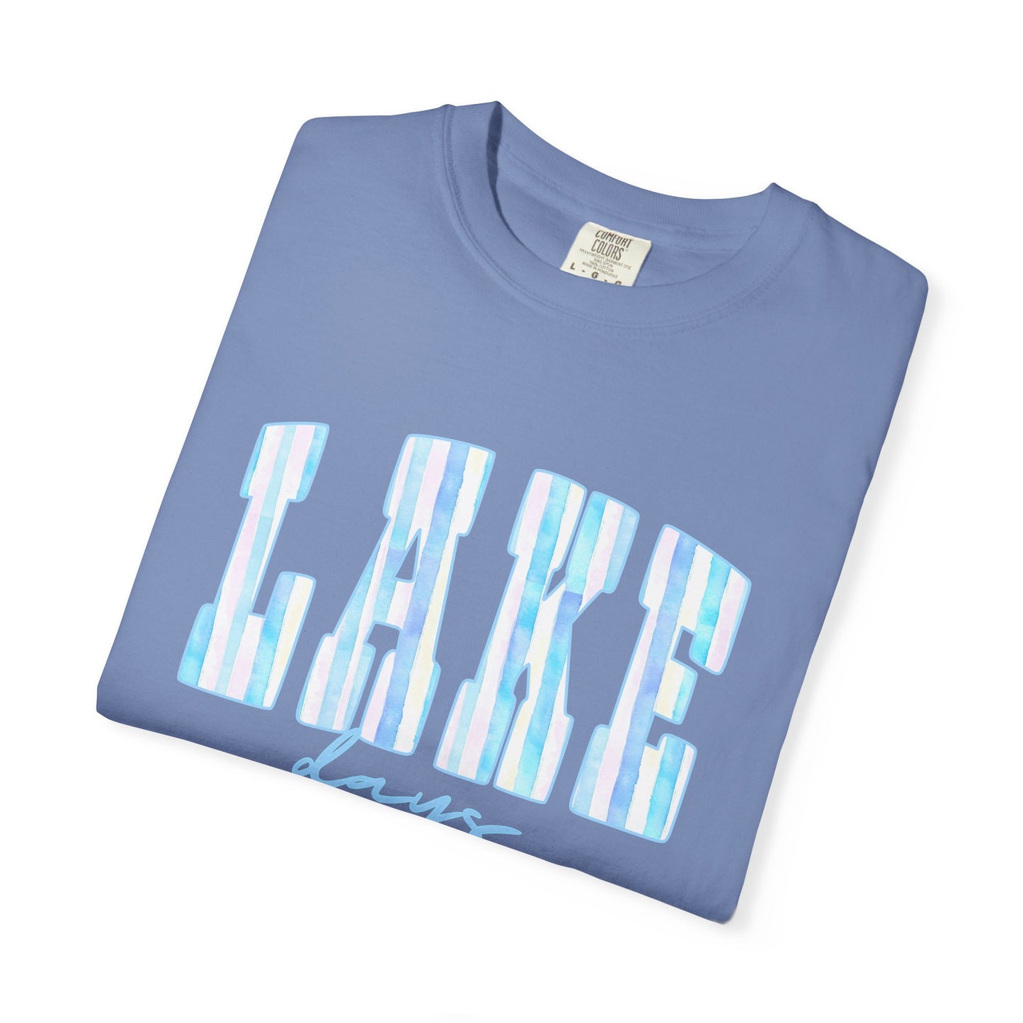 T-Shirt — "Lake Days" Blue Striped Graphic Tee