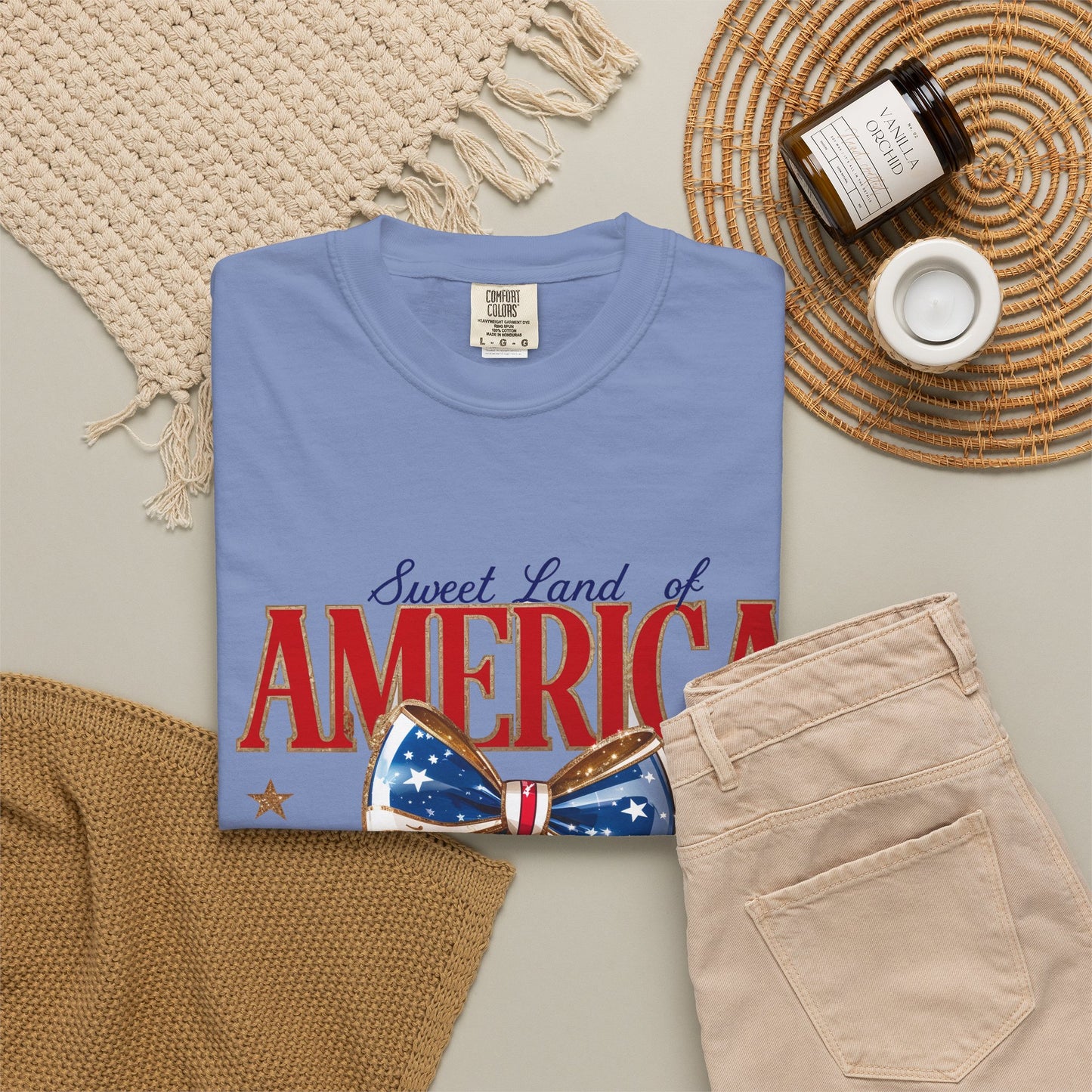 America Cherry Patriotic T-Shirt — "Sweet Land of America" Vintage Bow Design