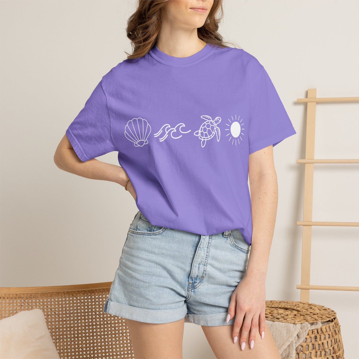 Sea Life Icons T-Shirt — Shell, Waves, Turtle & Sun Graphic Tee