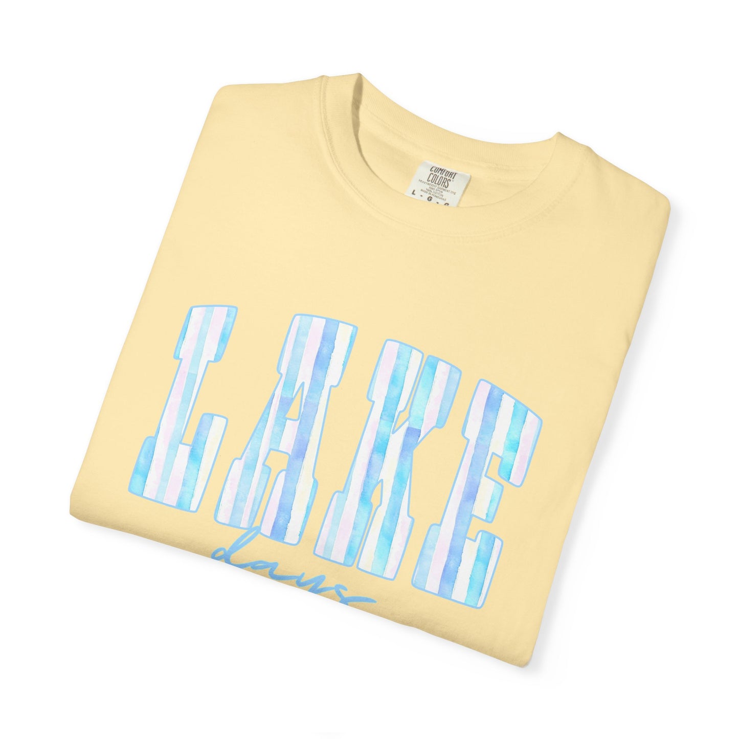 T-Shirt — "Lake Days" Blue Striped Graphic Tee