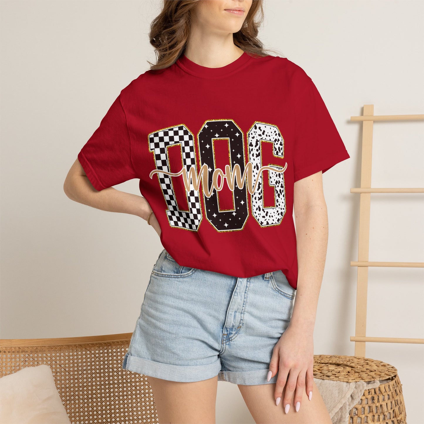 Dog Mom T‑Shirt — Checkerboard & Leopard Lettering Graphic Tee