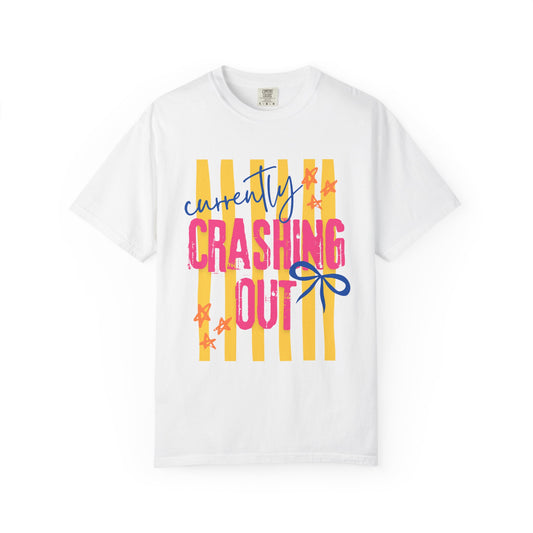 Crashing Out Graphic T‑Shirt — "Currently Crashing Out" Colorful Stripes & Bow Tee