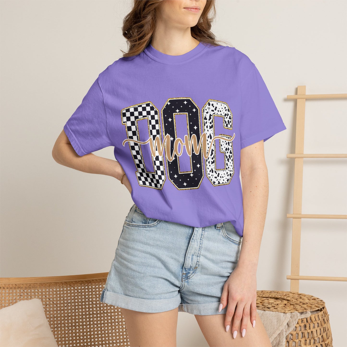 Dog Mom T‑Shirt — Checkerboard & Leopard Lettering Graphic Tee