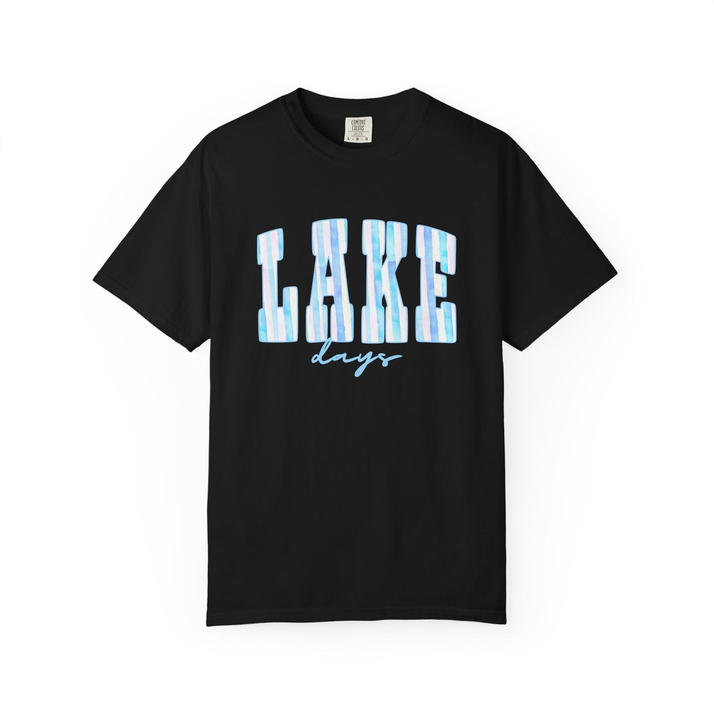 T-Shirt — "Lake Days" Blue Striped Graphic Tee