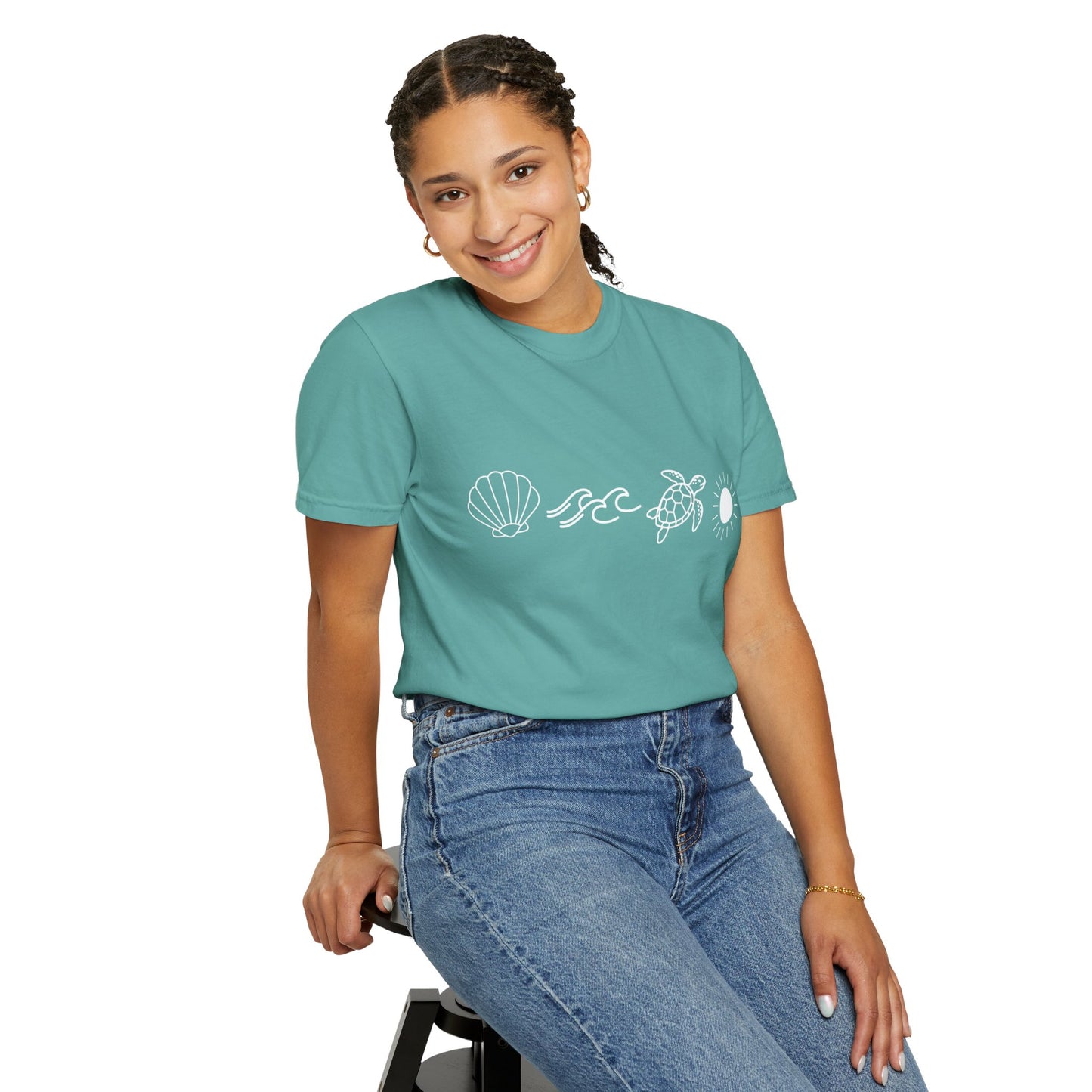 Sea Life Icons T-Shirt — Shell, Waves, Turtle & Sun Graphic Tee