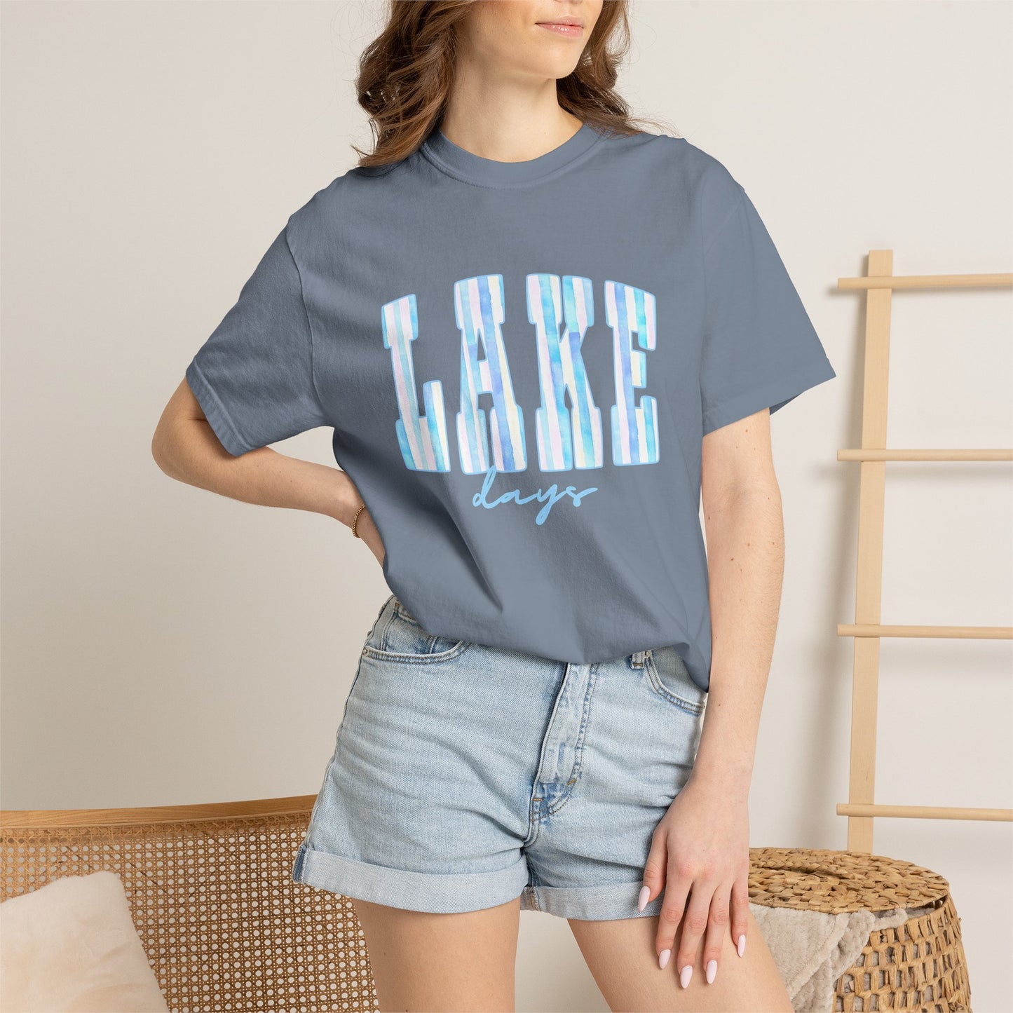 T-Shirt — "Lake Days" Blue Striped Graphic Tee