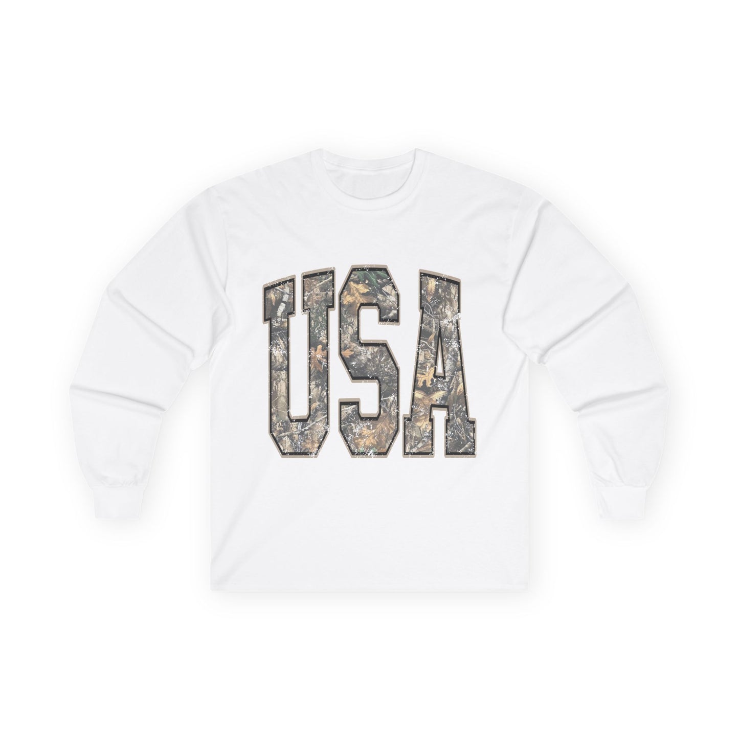 USA Camo Long Sleeve Tee — Patriotic Military Camouflage Graphic Shirt