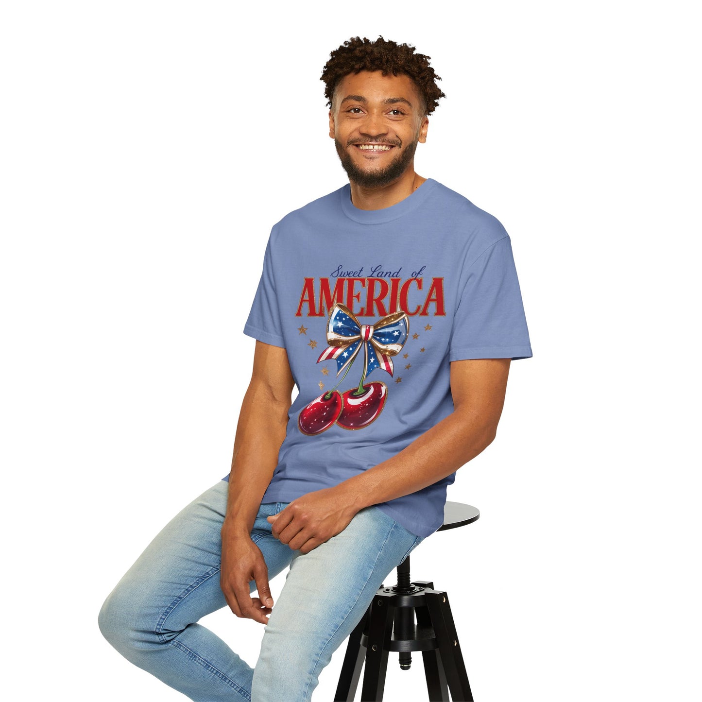 America Cherry Patriotic T-Shirt — "Sweet Land of America" Vintage Bow Design