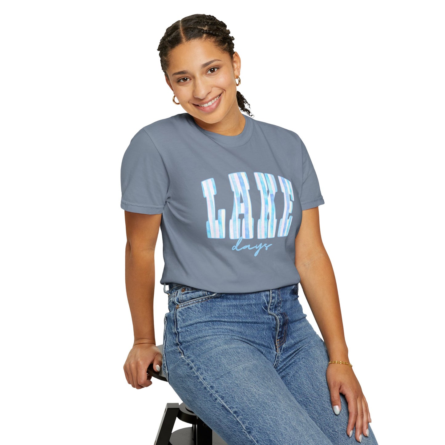 T-Shirt — "Lake Days" Blue Striped Graphic Tee