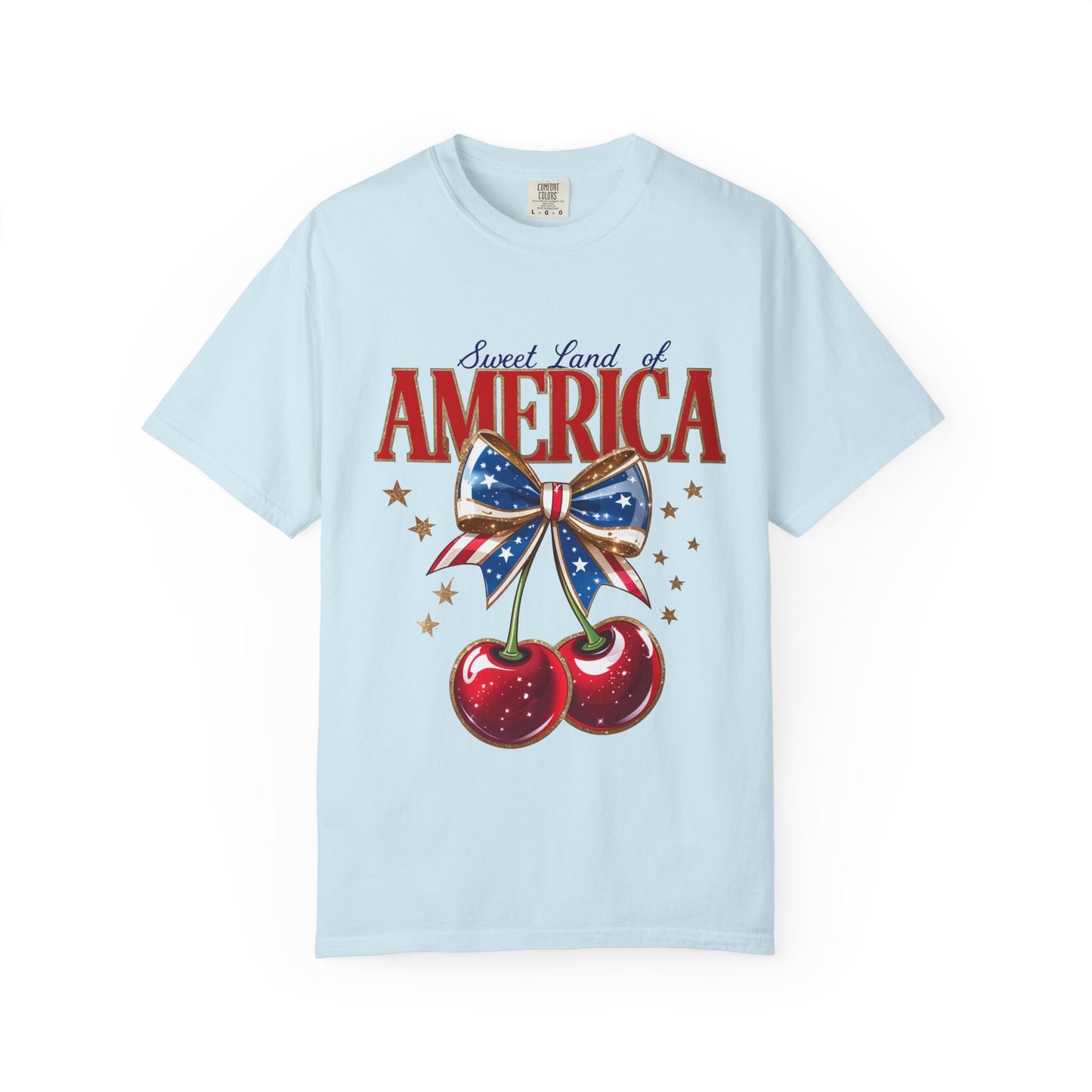 America Cherry Patriotic T-Shirt — "Sweet Land of America" Vintage Bow Design