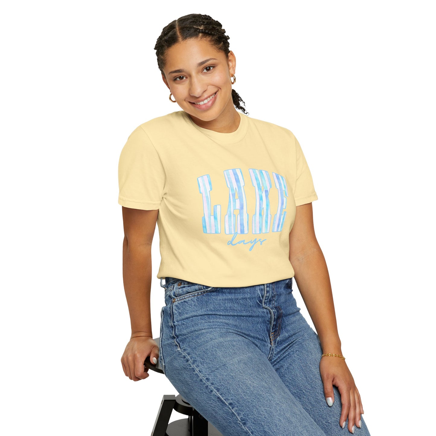 T-Shirt — "Lake Days" Blue Striped Graphic Tee