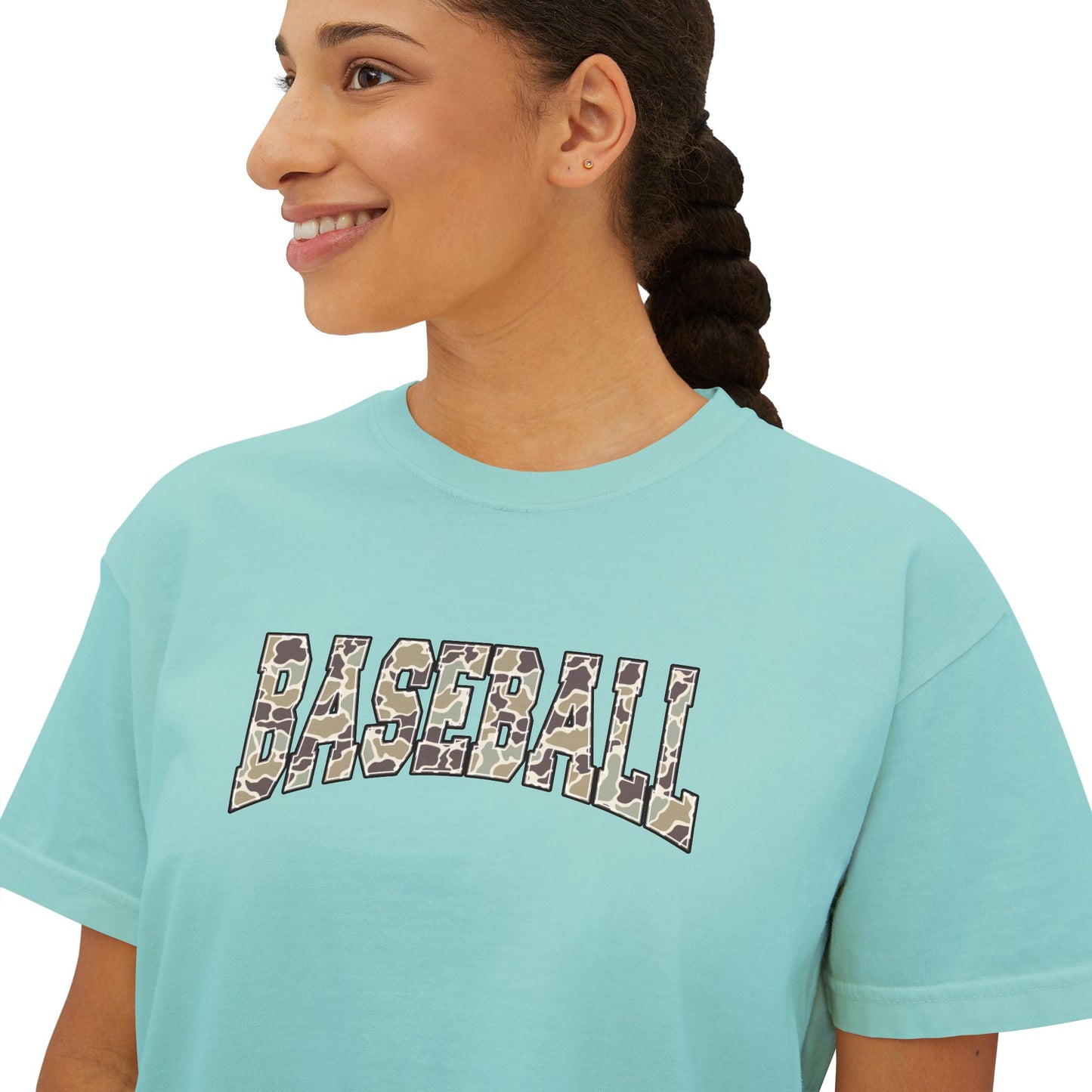 Baseball Camo Boxy Tee — Women's Cropped Casual Shirt