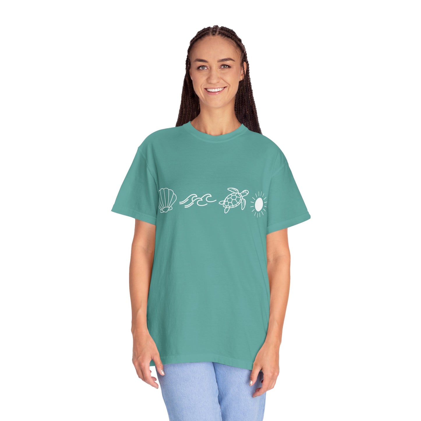 Sea Life Icons T-Shirt — Shell, Waves, Turtle & Sun Graphic Tee