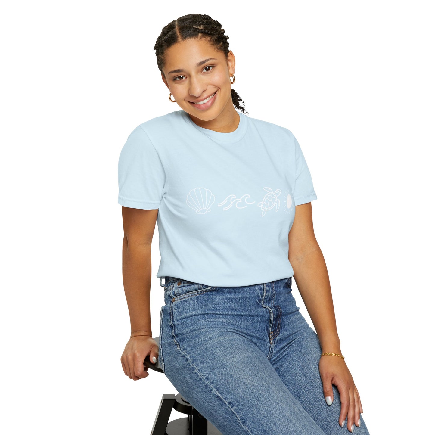 Sea Life Icons T-Shirt — Shell, Waves, Turtle & Sun Graphic Tee