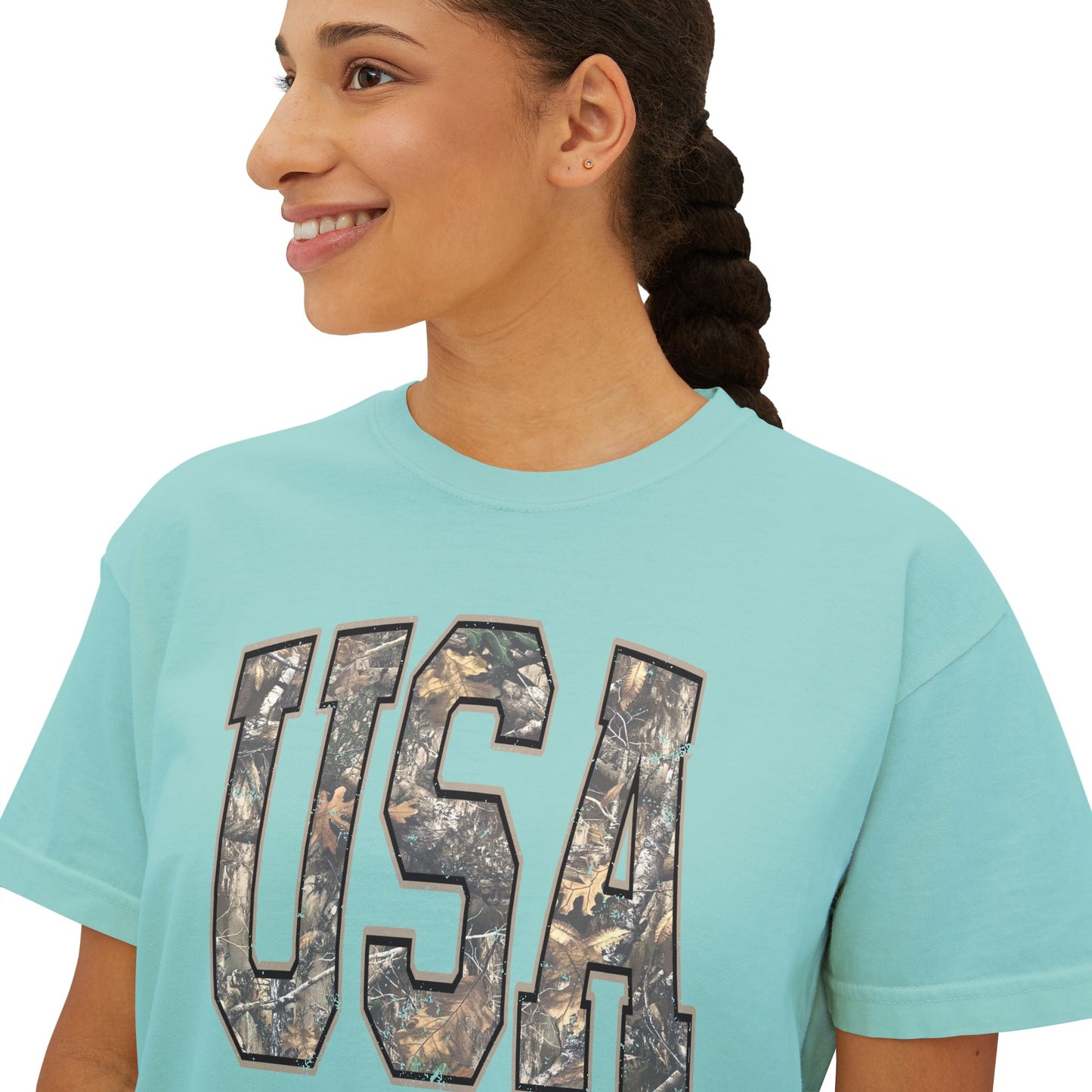 USA Camo Boxy Tee — Women's Patriotic Crop T-Shirt