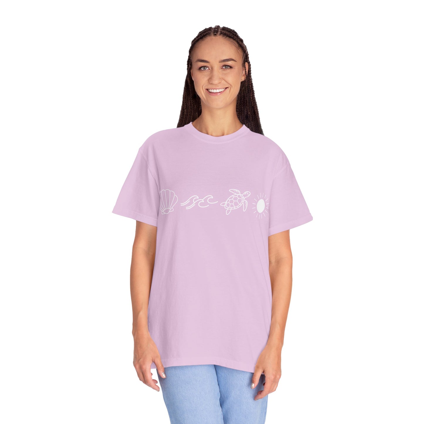 Sea Life Icons T-Shirt — Shell, Waves, Turtle & Sun Graphic Tee