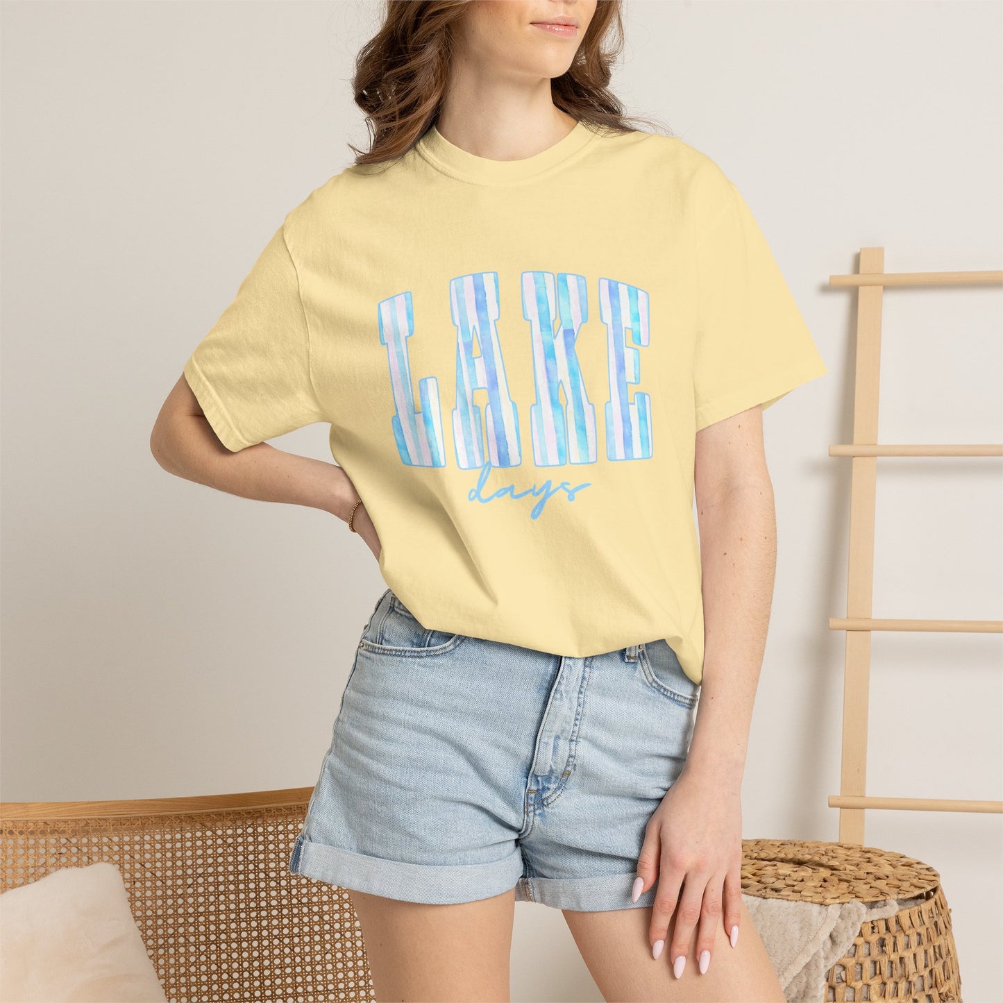 T-Shirt — "Lake Days" Blue Striped Graphic Tee