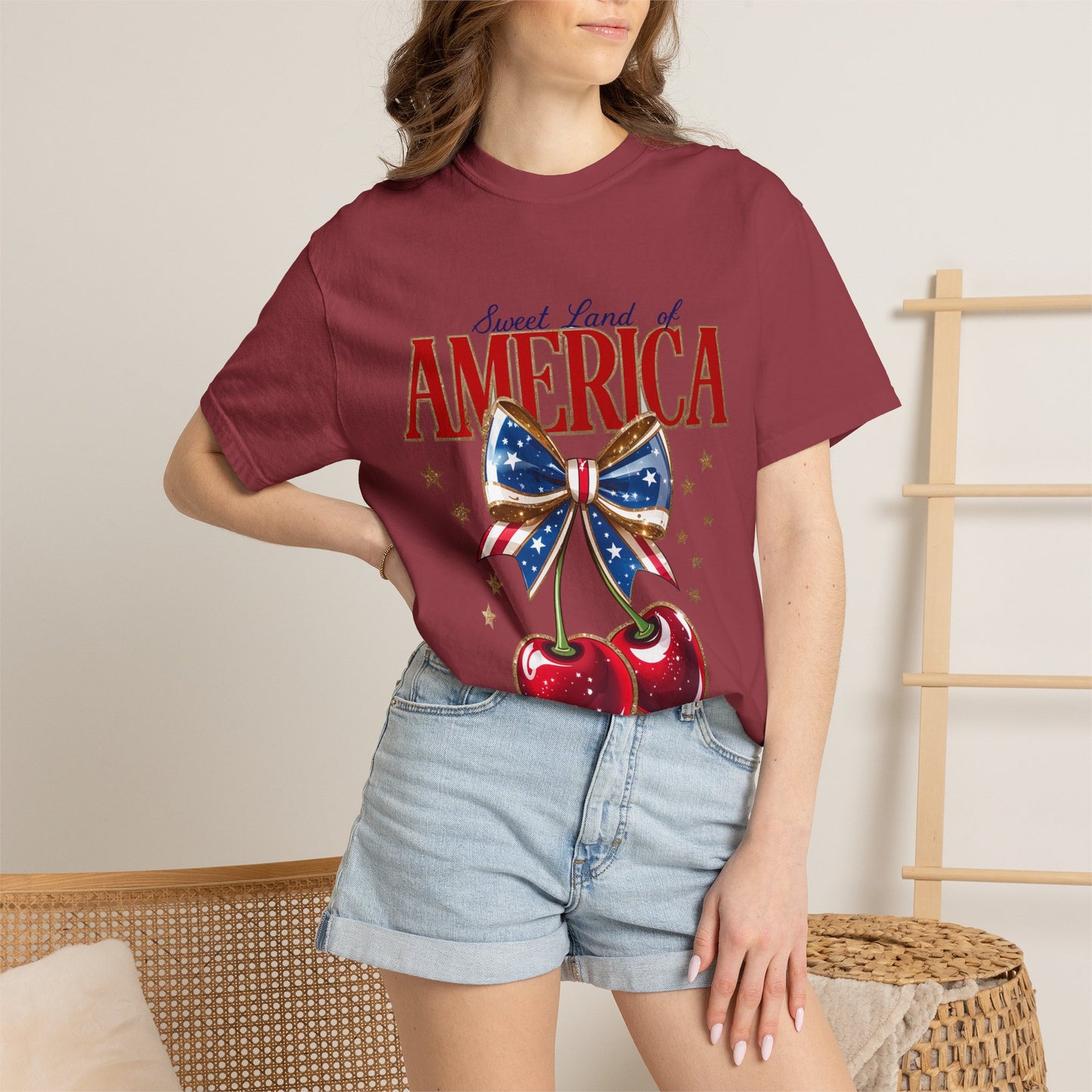 America Cherry Patriotic T-Shirt — "Sweet Land of America" Vintage Bow Design
