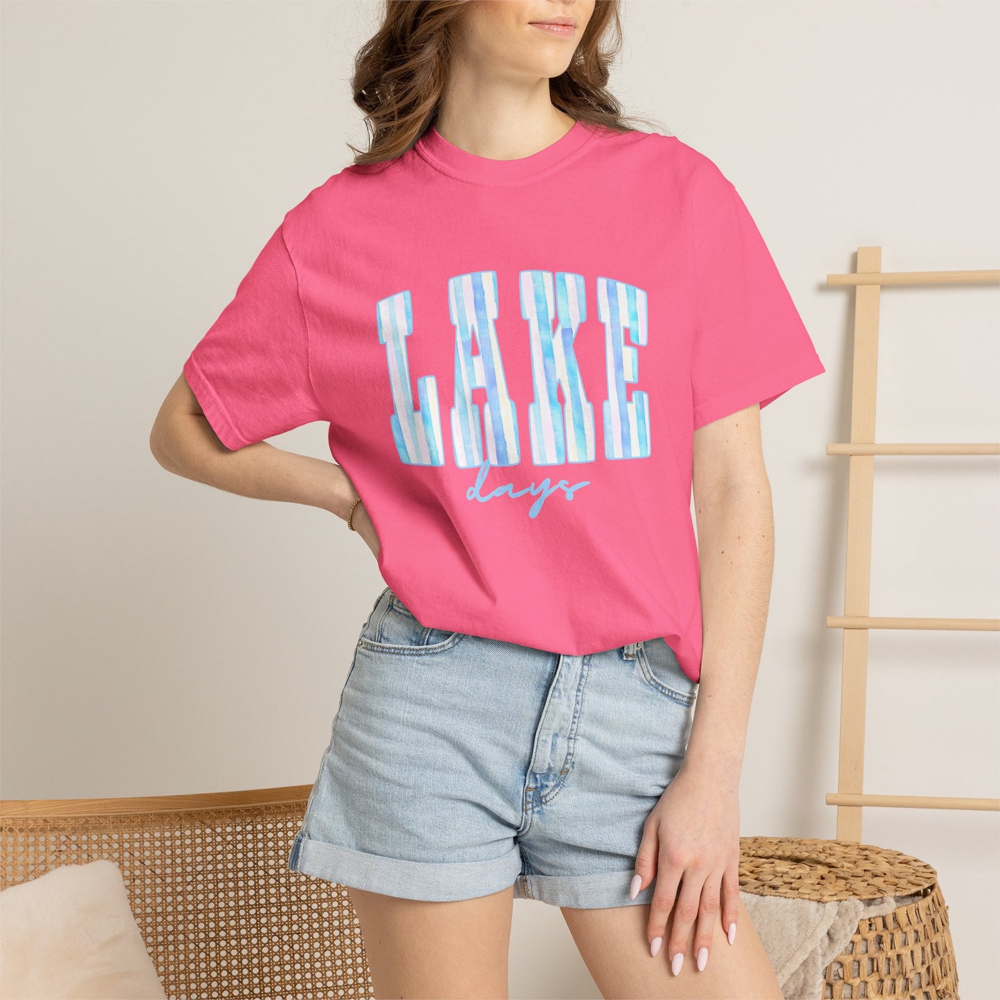 T-Shirt — "Lake Days" Blue Striped Graphic Tee