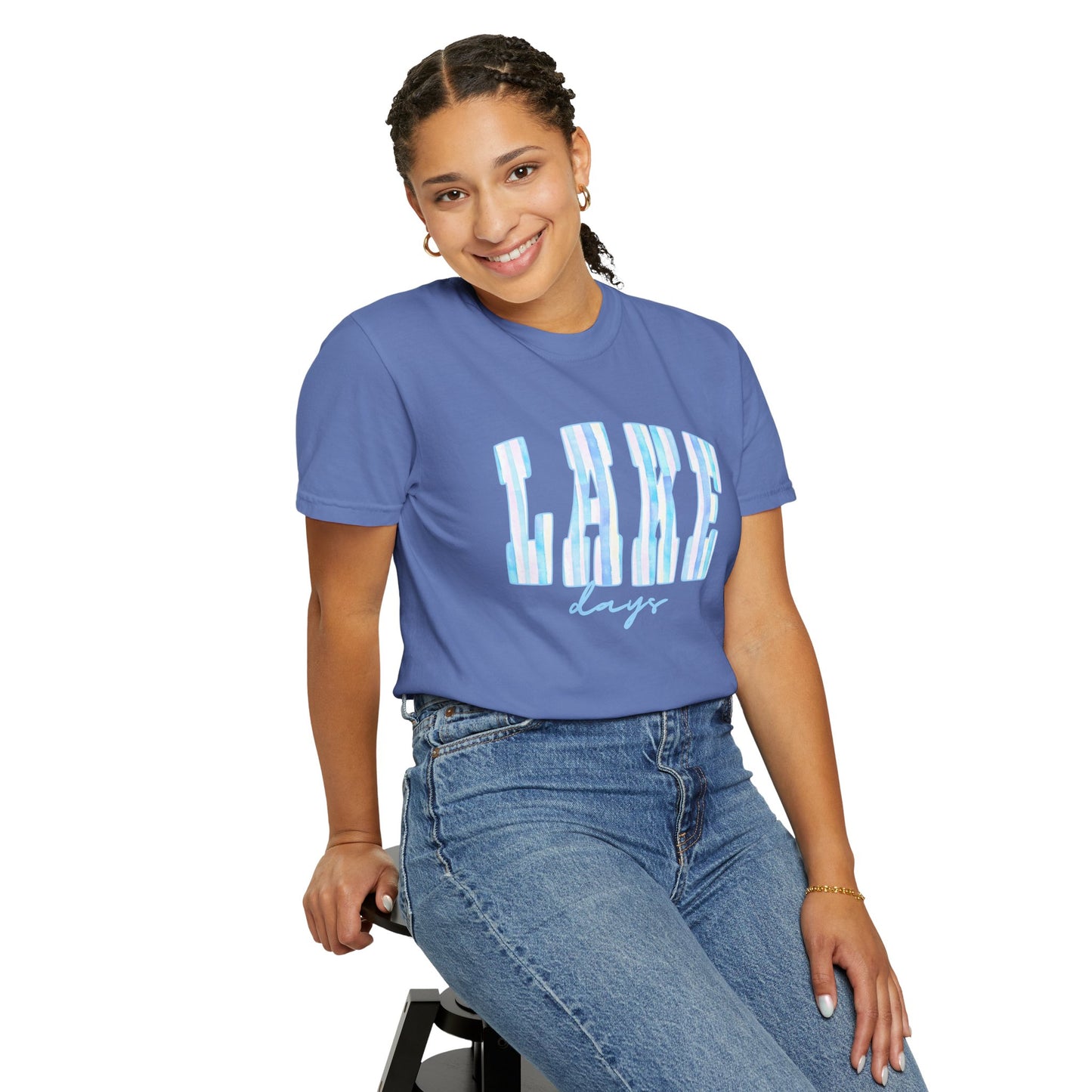 T-Shirt — "Lake Days" Blue Striped Graphic Tee