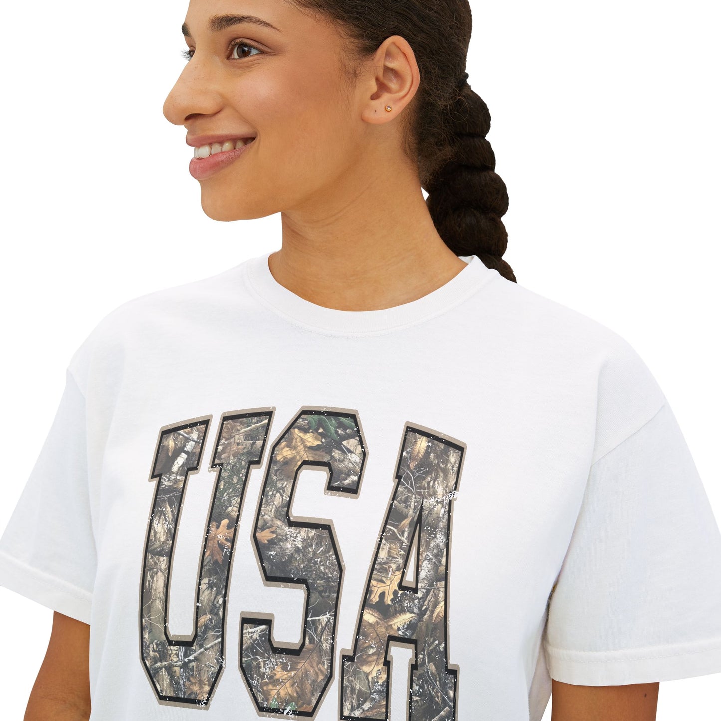 USA Camo Boxy Tee — Women's Patriotic Crop T-Shirt