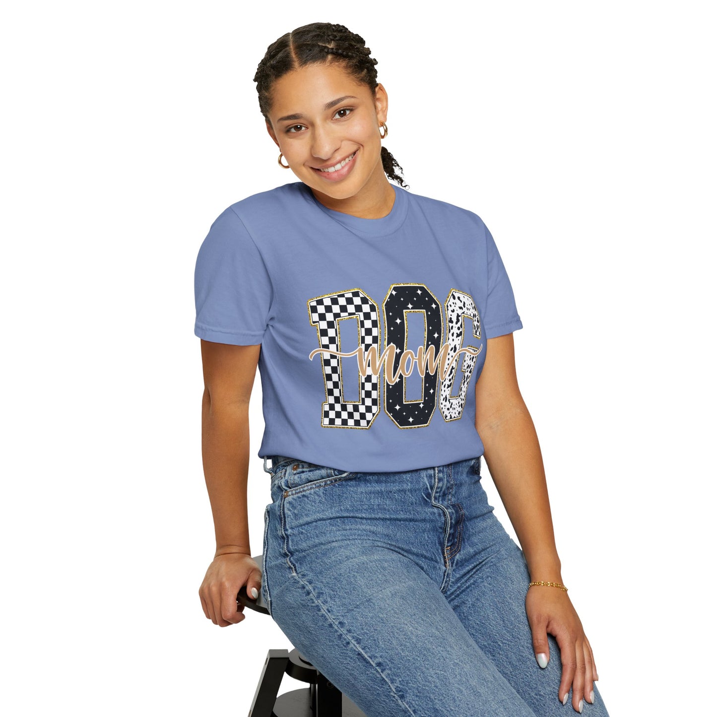 Dog Mom T‑Shirt — Checkerboard & Leopard Lettering Graphic Tee