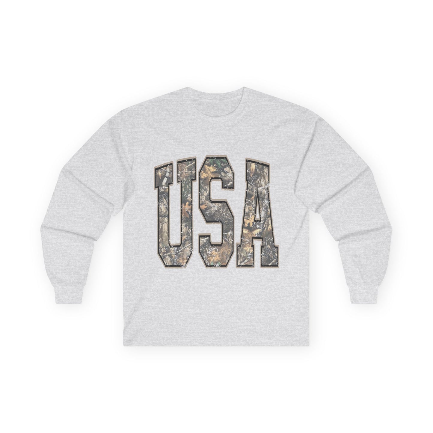 USA Camo Long Sleeve Tee — Patriotic Military Camouflage Graphic Shirt