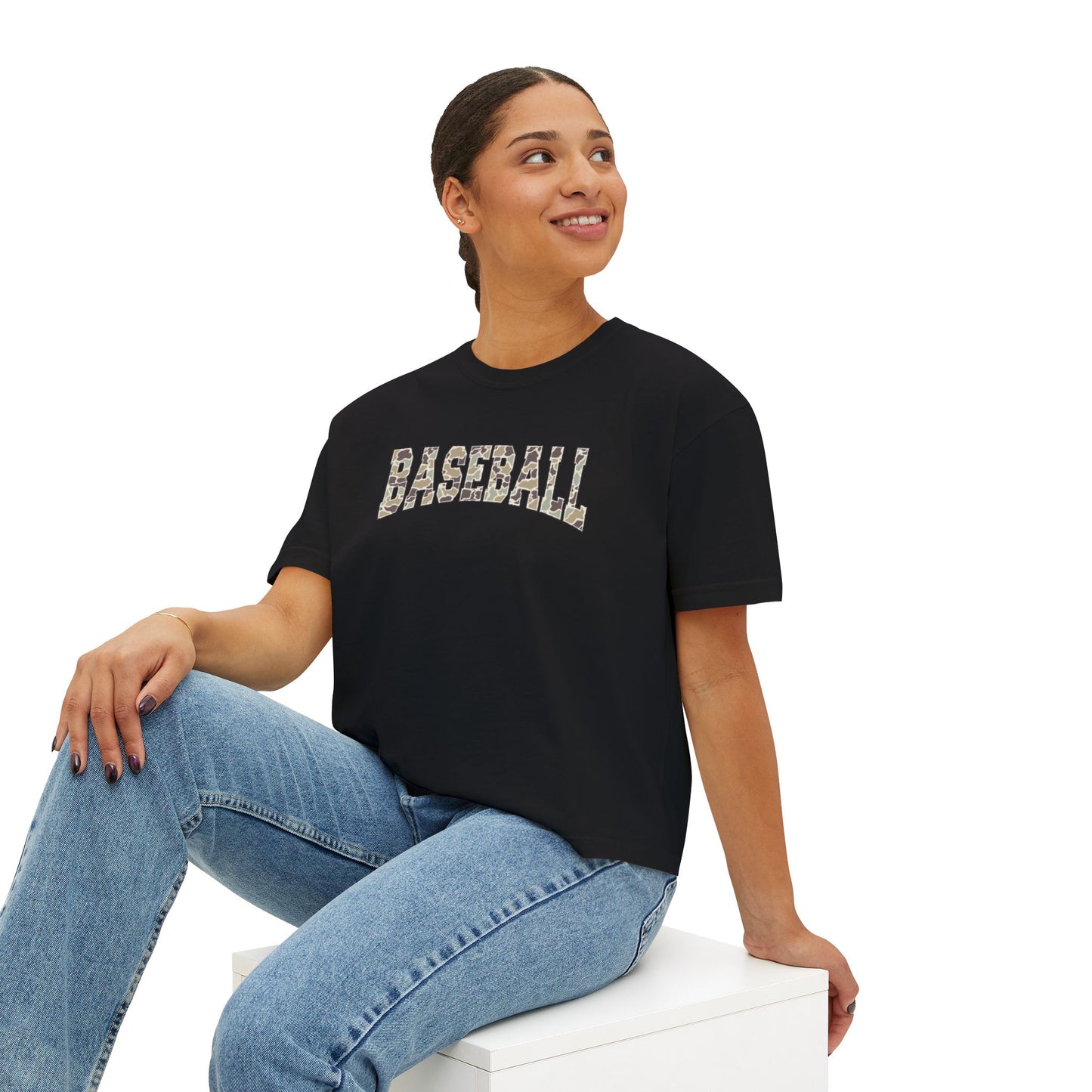 Baseball Camo Boxy Tee — Women's Cropped Casual Shirt