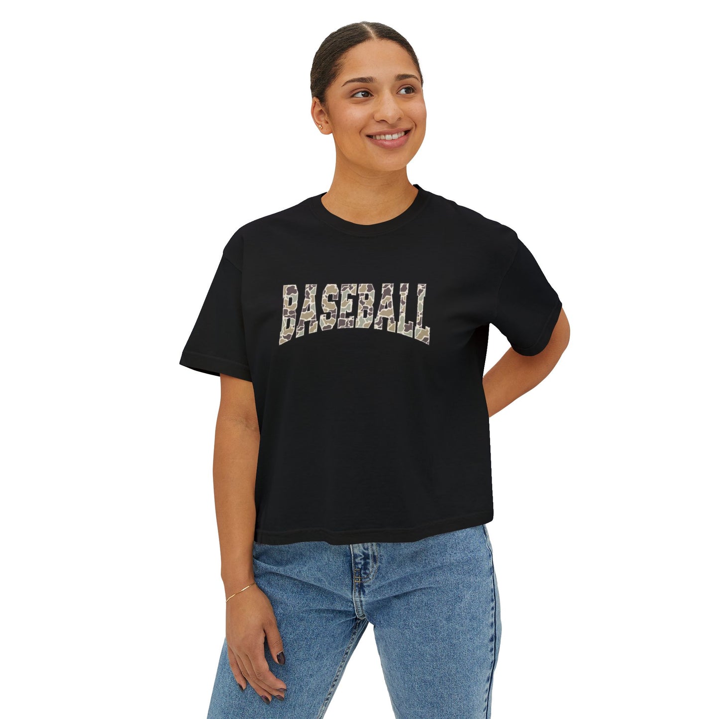 Baseball Camo Boxy Tee — Women's Cropped Casual Shirt