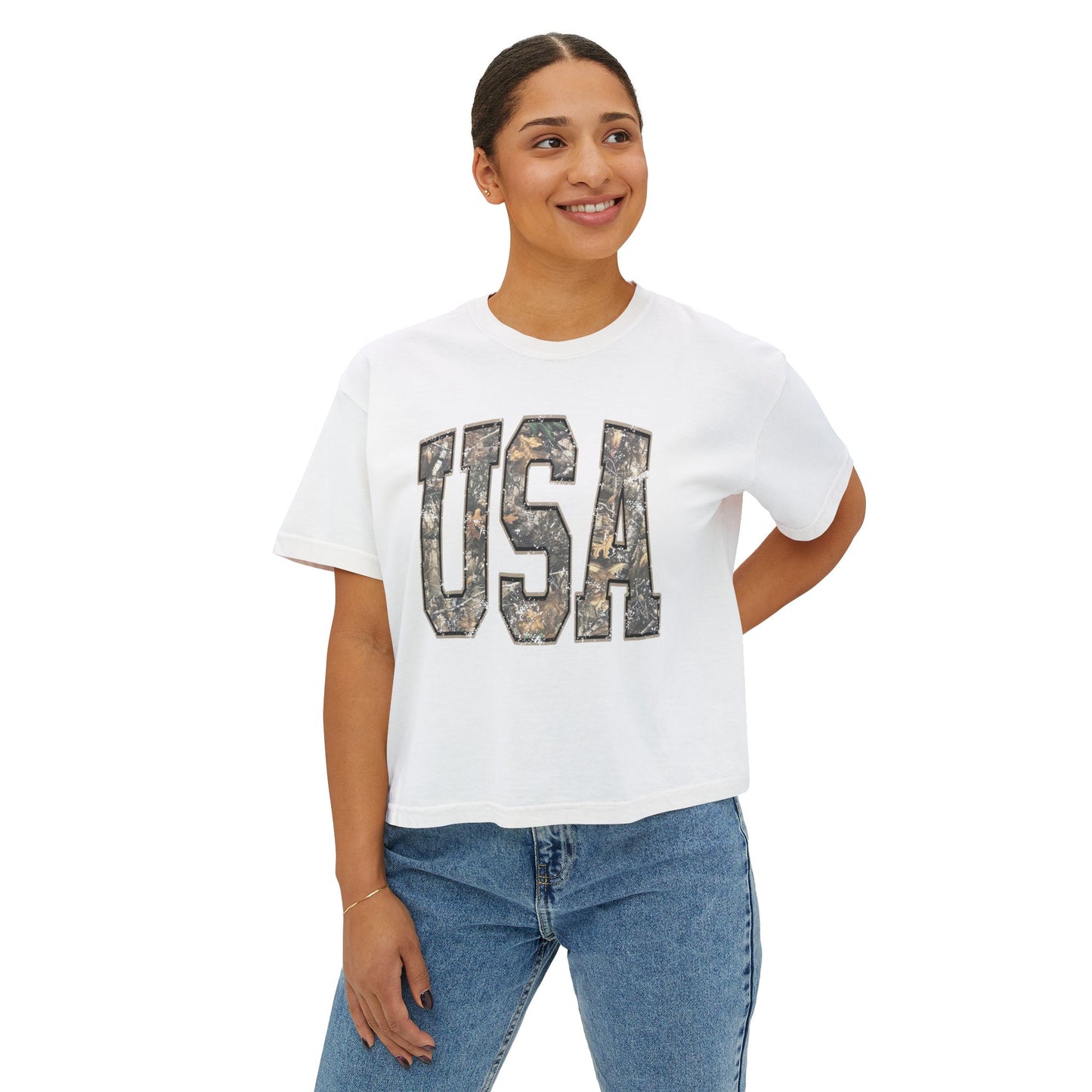USA Camo Boxy Tee — Women's Patriotic Crop T-Shirt