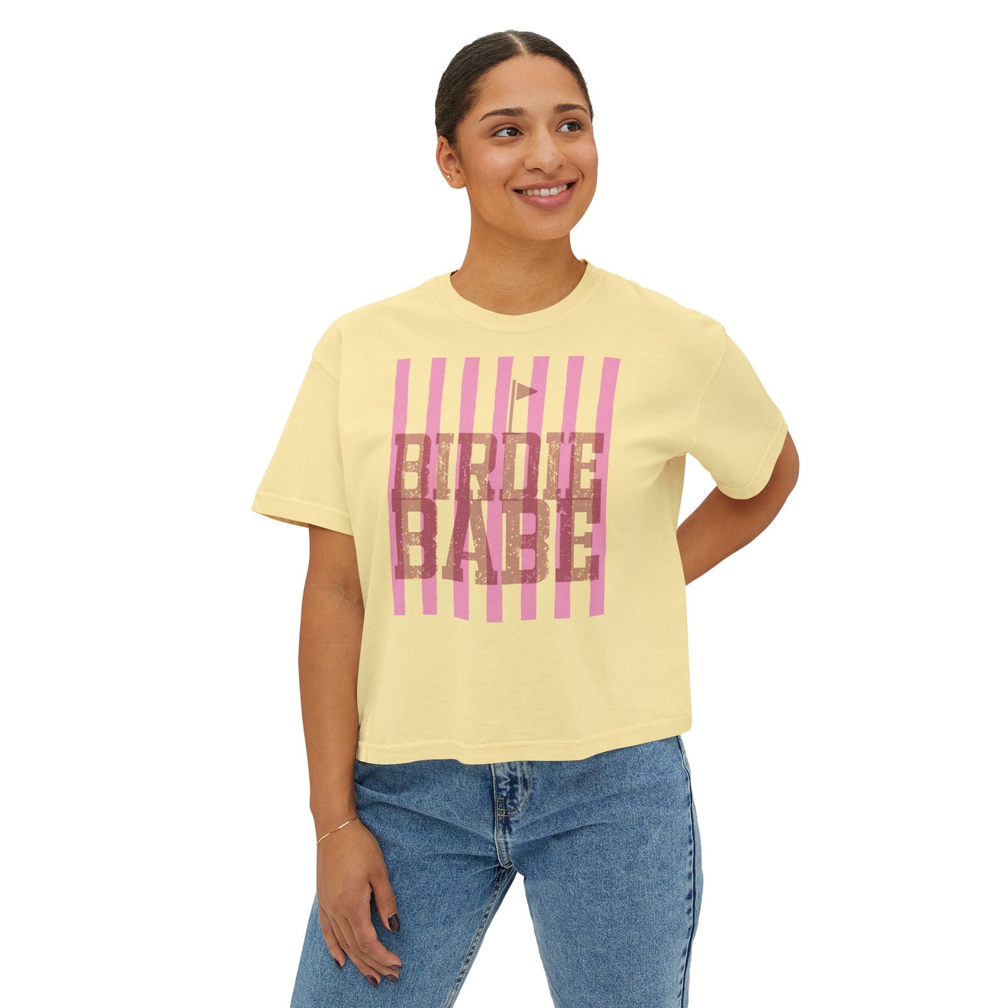 Birdie Babe Women's Boxy Tee — Pink Striped Golf Graphic