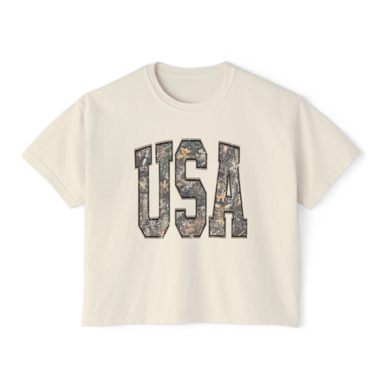 USA Camo Boxy Tee — Women's Patriotic Crop T-Shirt