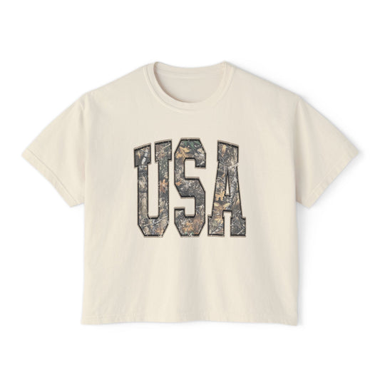 USA Camo Boxy Tee — Women's Patriotic Crop T-Shirt