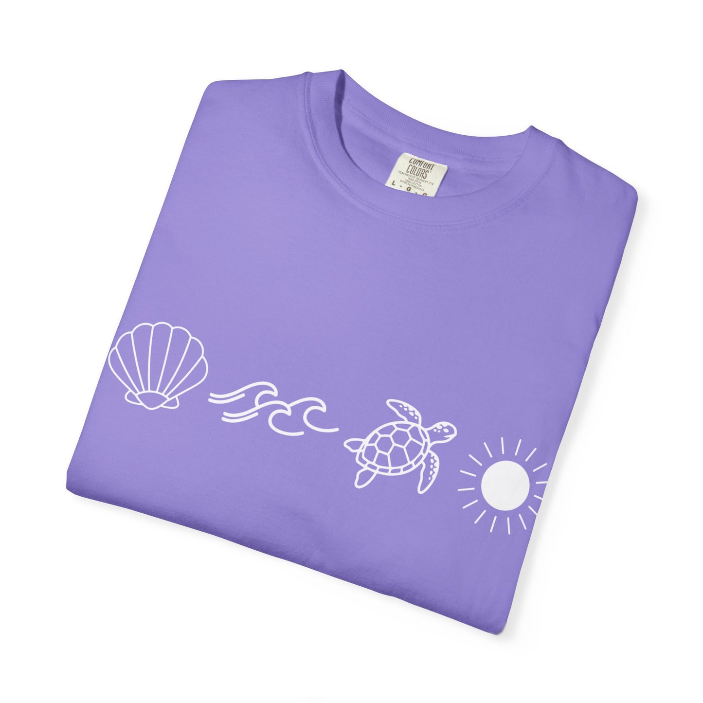 Sea Life Icons T-Shirt — Shell, Waves, Turtle & Sun Graphic Tee